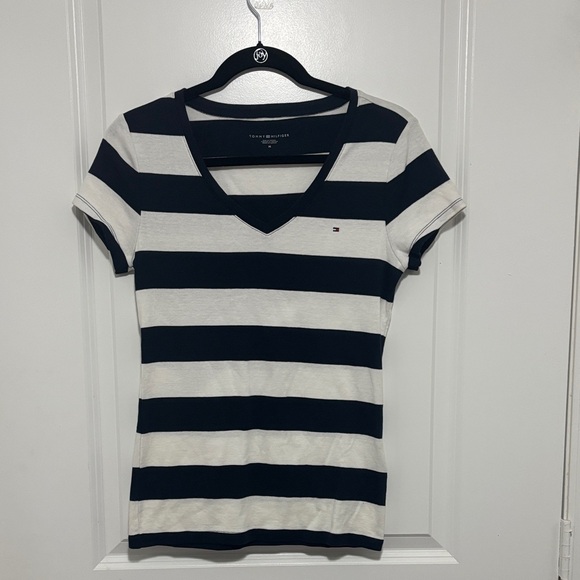 Tommy Hilfiger Women's Black and White Striped V-Neck Tee - Picture 1 of 5
